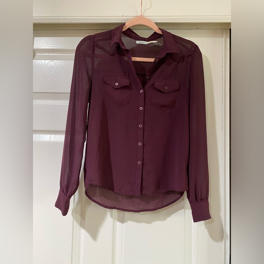Kimichie Blue Women's Sheer Button-Up Blouse - Burgundy Size XS